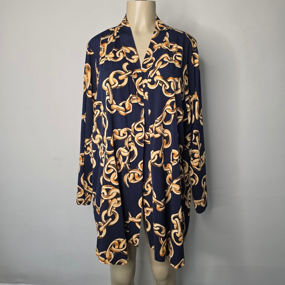 Susan Graver Cardigan Women 2X Navy Chain Print Liquid Knit Open Front Layering